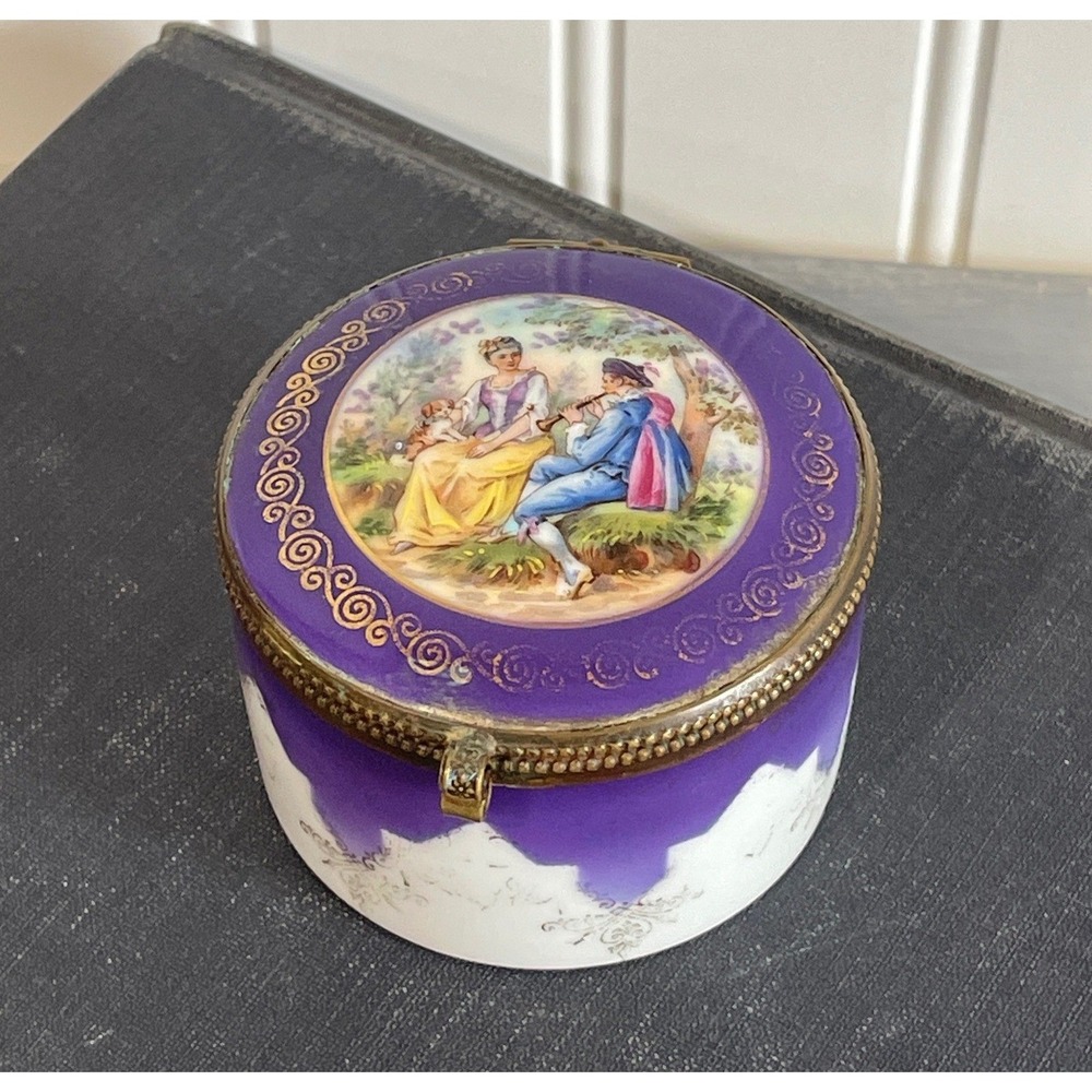 Basco Czechoslovakia Porcelain Trinket Box Fragonard Courting Scene Mirror